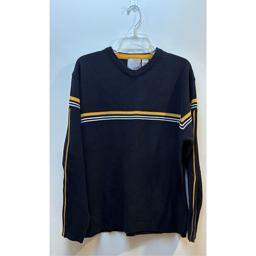 Point Zero Vtg mens navy v-neck sweater yellow  white stripe size Large #39-1862